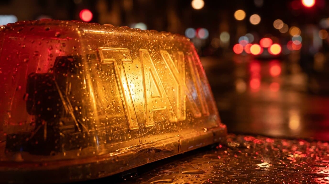 Beleuchtetes Taxischild auf dem Autodach bei Regen in Hamburg bei Nacht