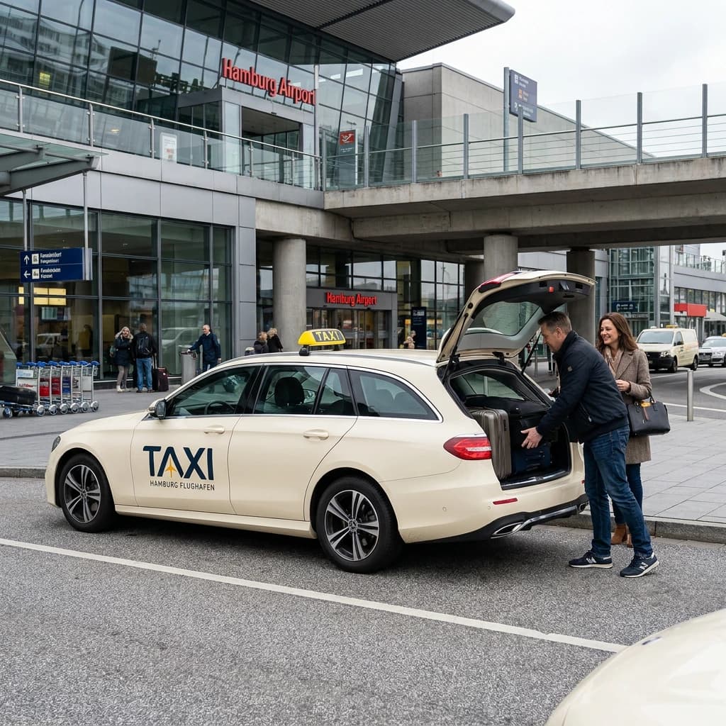 Taxi am Hamburg Flughafen, Fahrgäste verstauen ihr Gepäck im Kofferraum