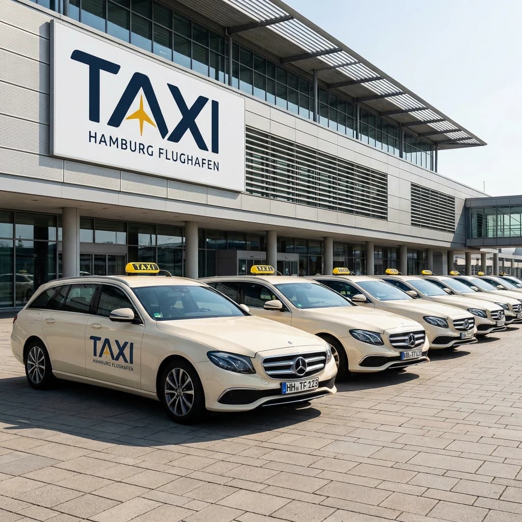 Taxistand am Hamburg Flughafen mit wartenden Taxis vor dem Terminal
