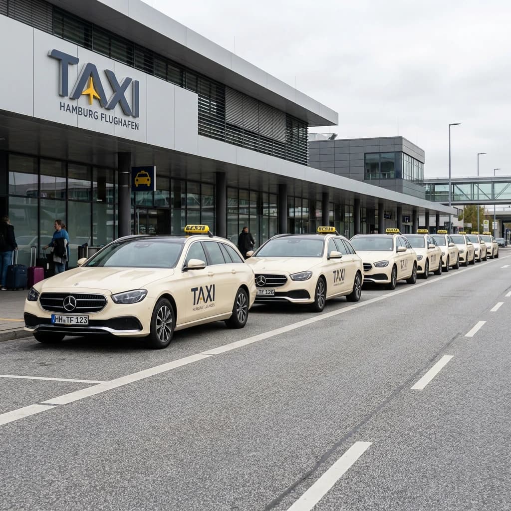 Taxi Hamburg Flughafen — Taxireihe entlang des Terminalgebäudes